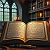 Post: These images, six in number, all depict open books in candlelit libraries of antique splendor—tall...